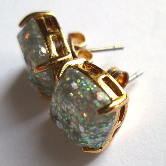 ♠ Kate Spade Opal Glitter Stud Earrings Gold Tone Square Cushion Resin Sparkly - Picture 8 of 12